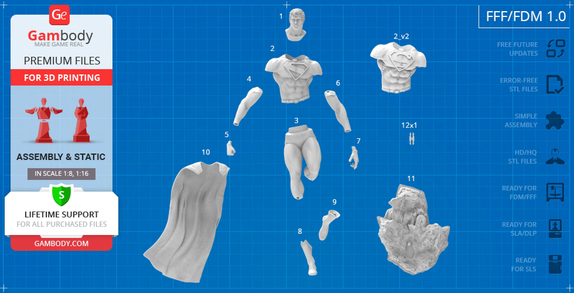 3D printable Superman model parts: torso, limbs, head, cape, and base on a blueprint background.