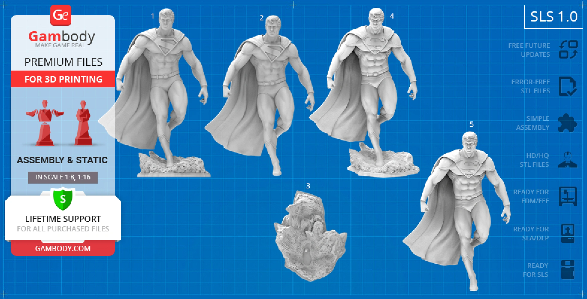 Classic superhero 3D model with cape, ideal for 3D printing. Includes different poses on rocky bases.