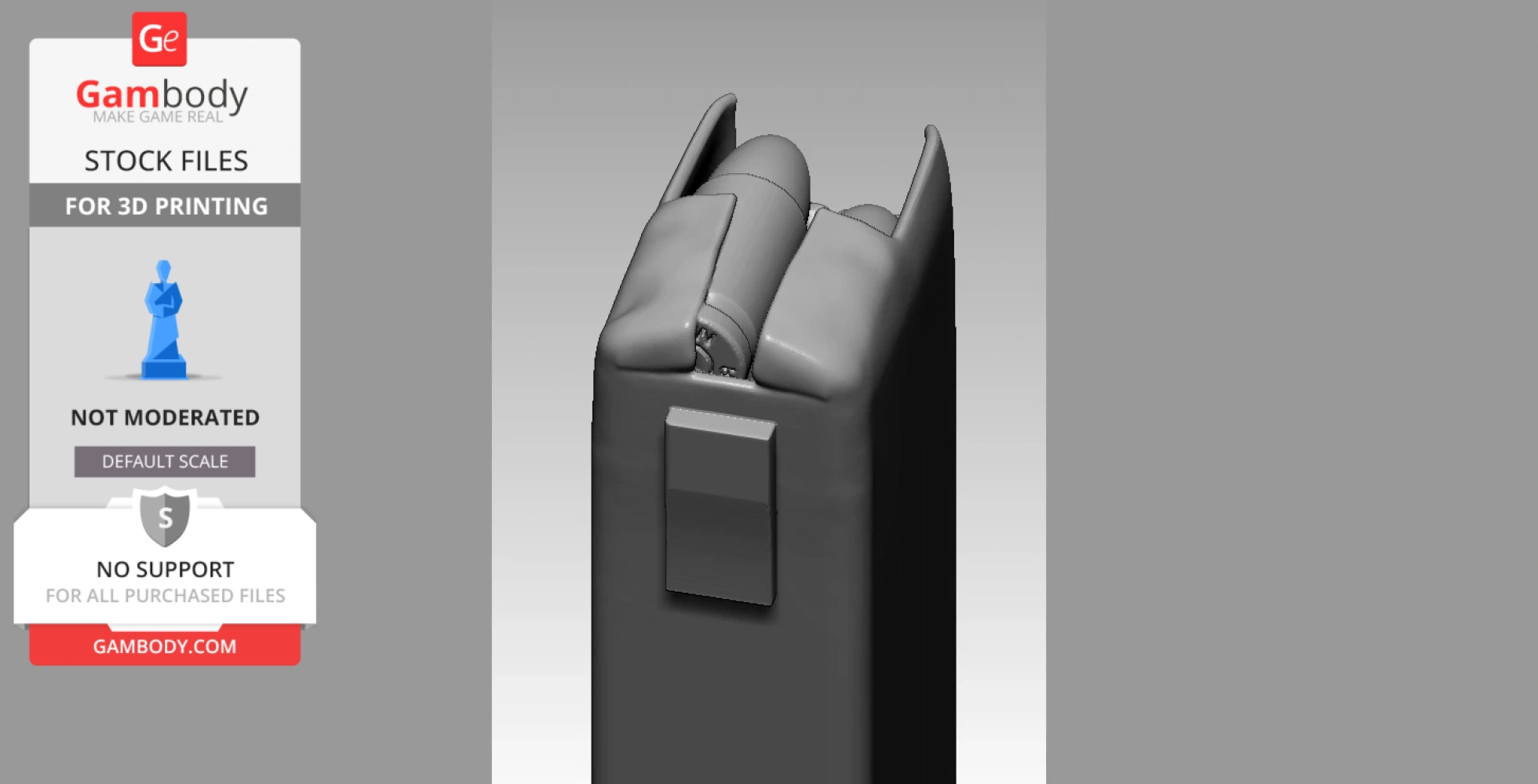 Close-up of 3D model showing detailed top view of a TEC-9 clip for 3D printing.