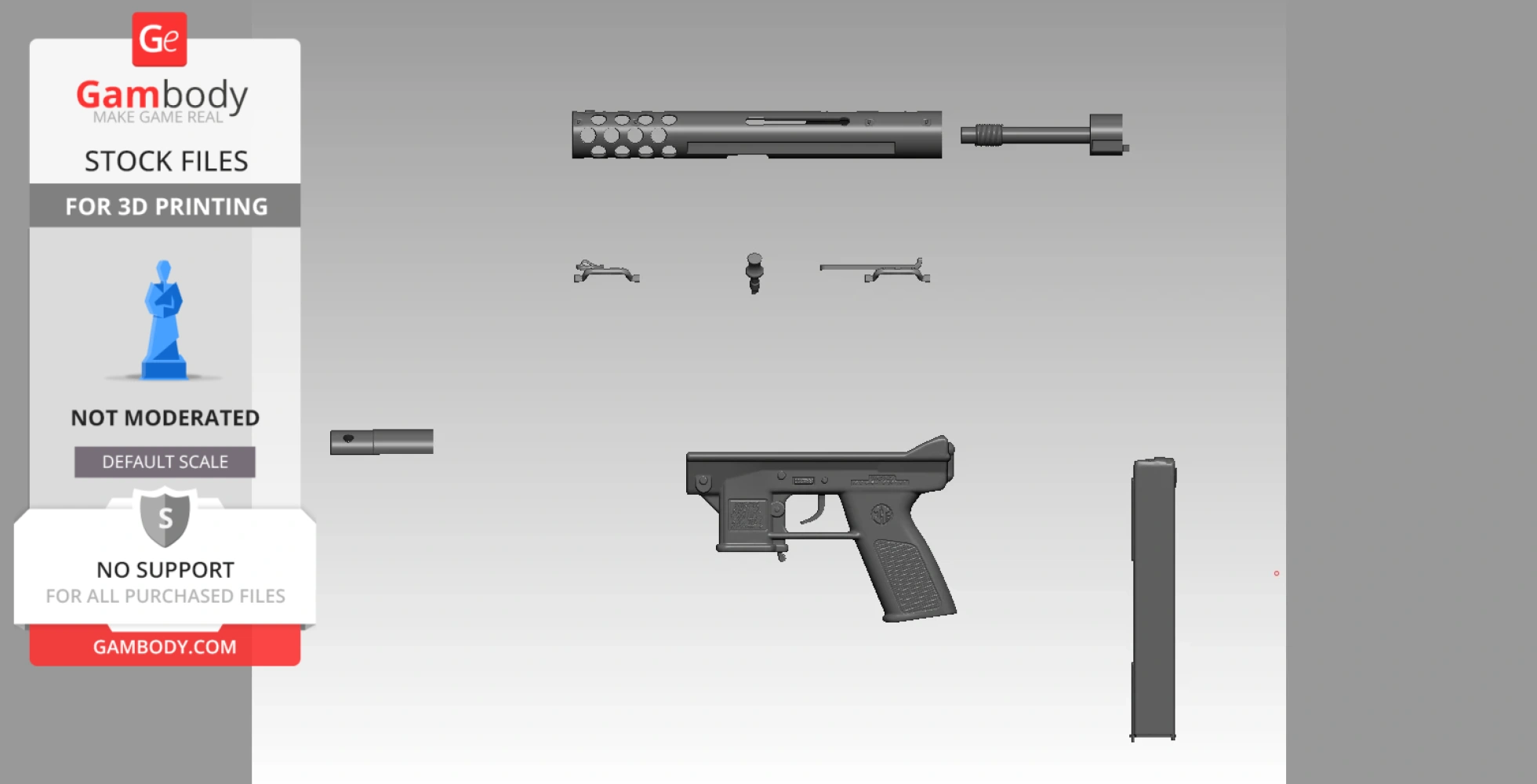 Exploded view of a 3D printable Intratec TEC-9 model showing individual components.