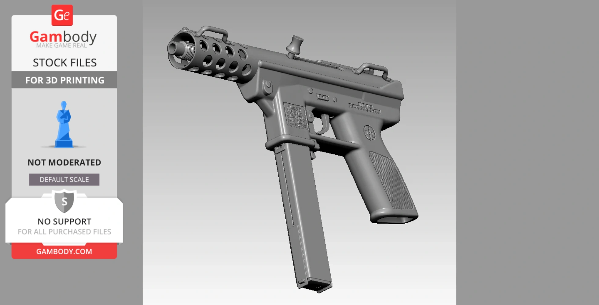 A 3D model of a 1/6 scale Intratec TEC-9 gun for 3D printing, displayed on a neutral background.