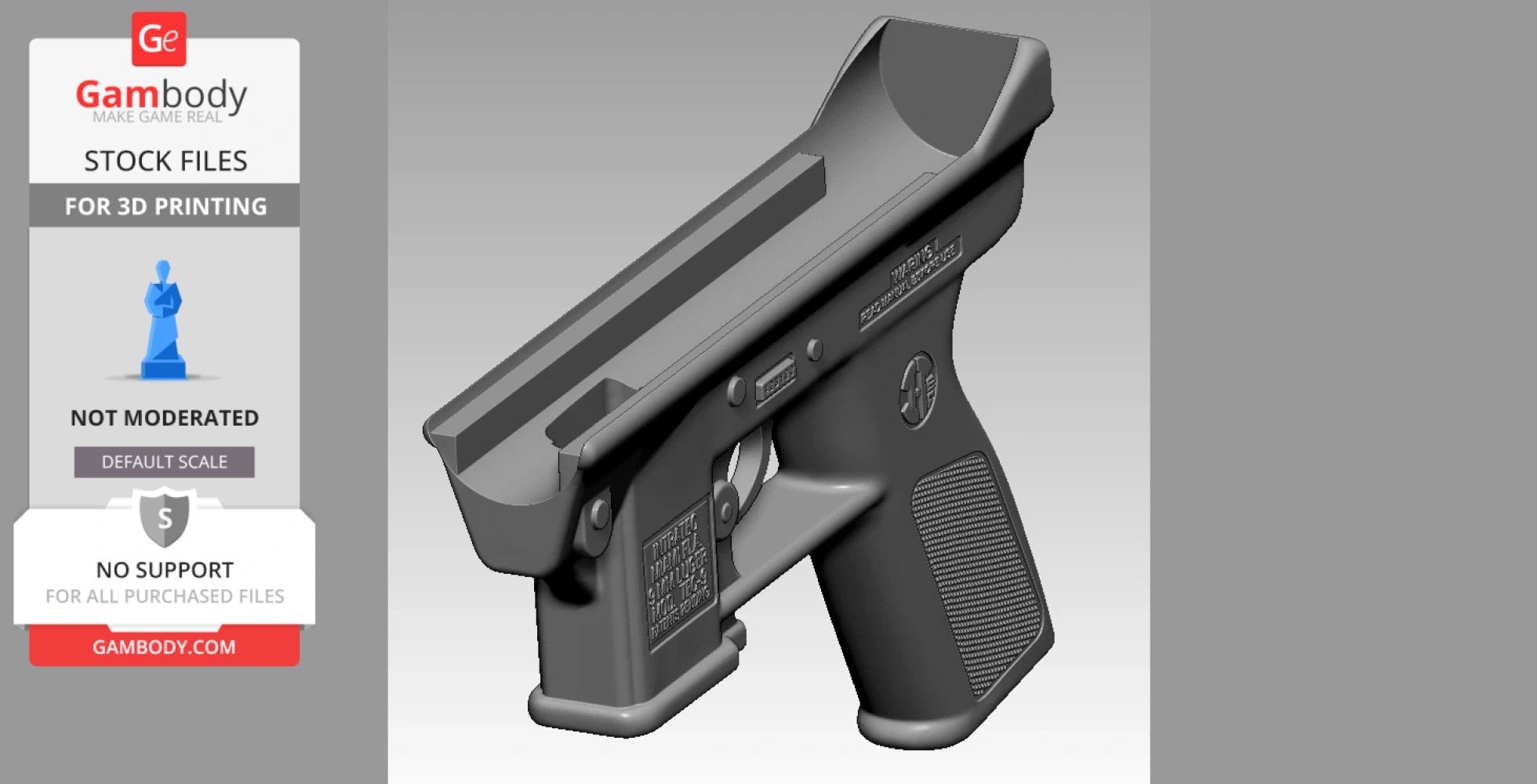 3D model of a scaled-down TEC-9 pistol for 3D printing, showing detailed grip and body features.