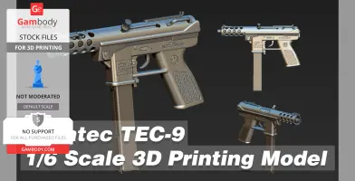 3D model of a 1/6 scale Intratec TEC-9 gun for 3D printing with detailed views.