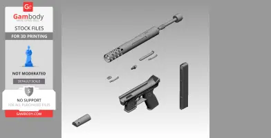 Exploded view of a 3D printable TEC-9 model, showing separate firearm components and assembly.