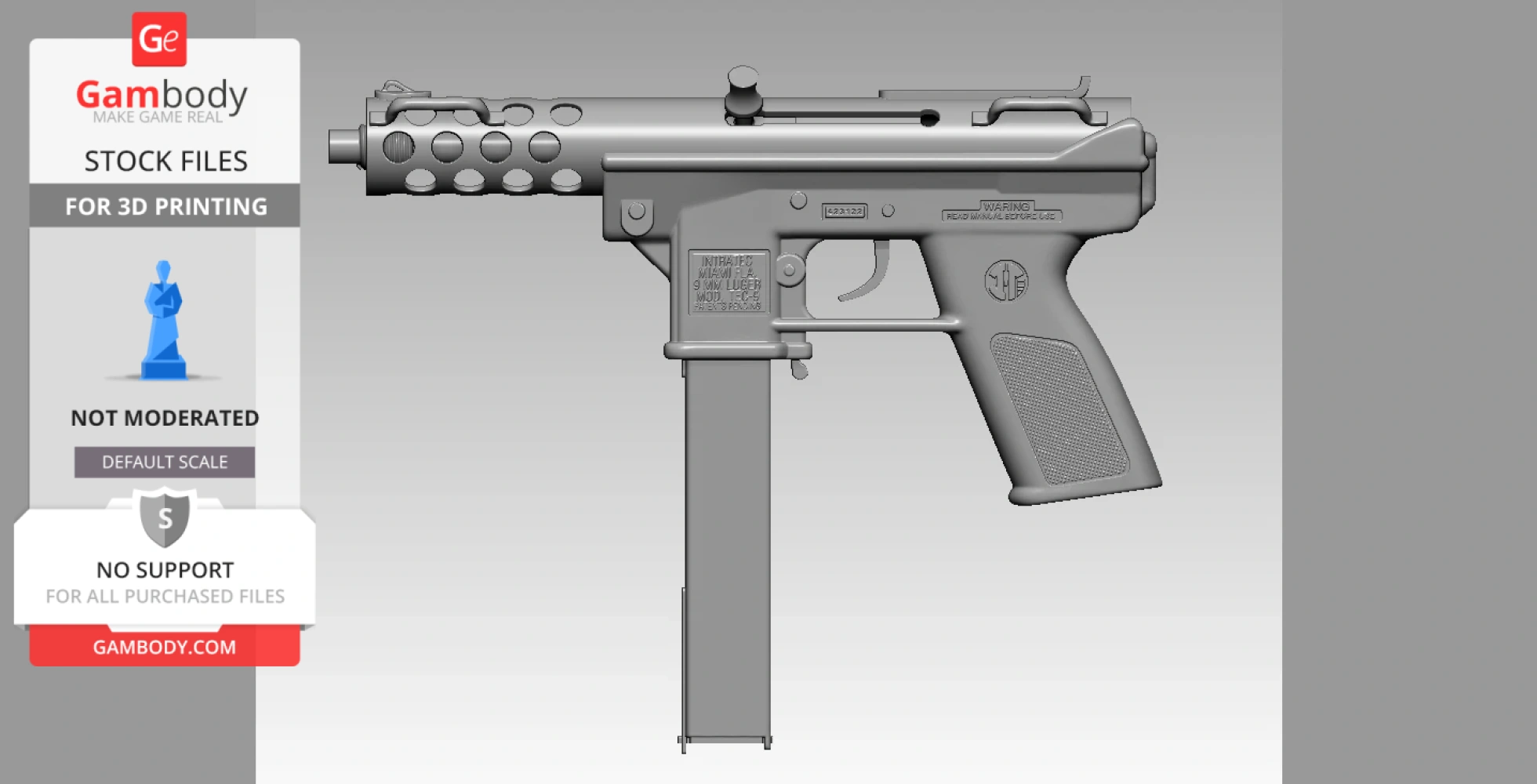 A 3D model of a 1/6 scale Intratec TEC-9 handgun for 3D printing, displayed in gray.
