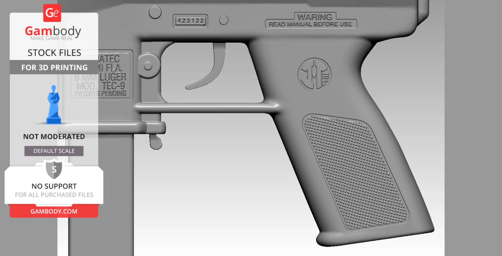 Close-up of a 3D model TEC-9 handgun's grip and trigger area, designed for 3D printing.