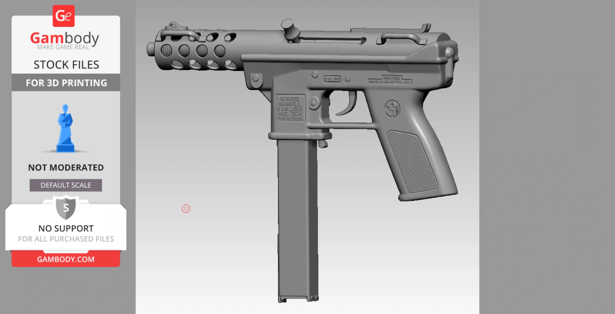 A 3D model of a TEC-9 firearm, 1/6 scale, with perforated barrel shroud, magazine, and grip details.