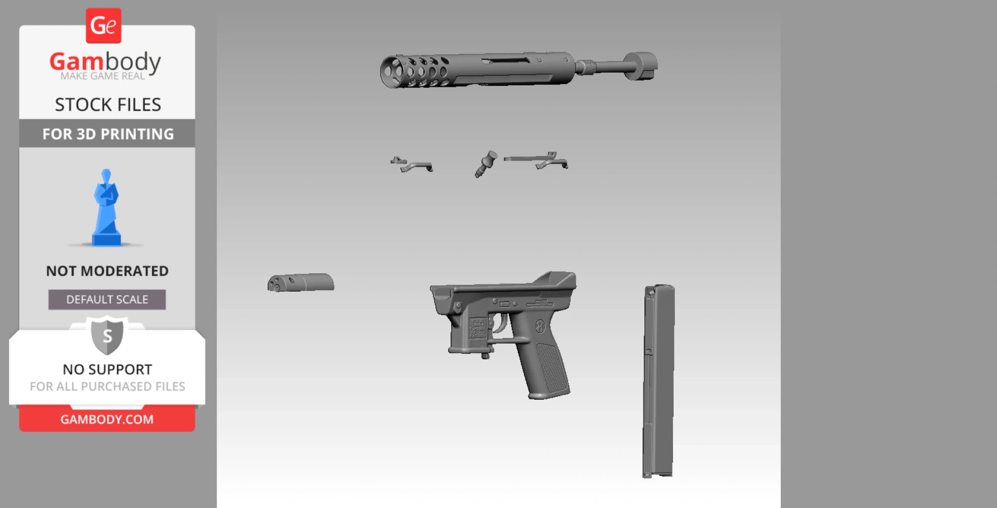 Disassembled 3D model of Intratec TEC-9 for printing, showing various parts and components.