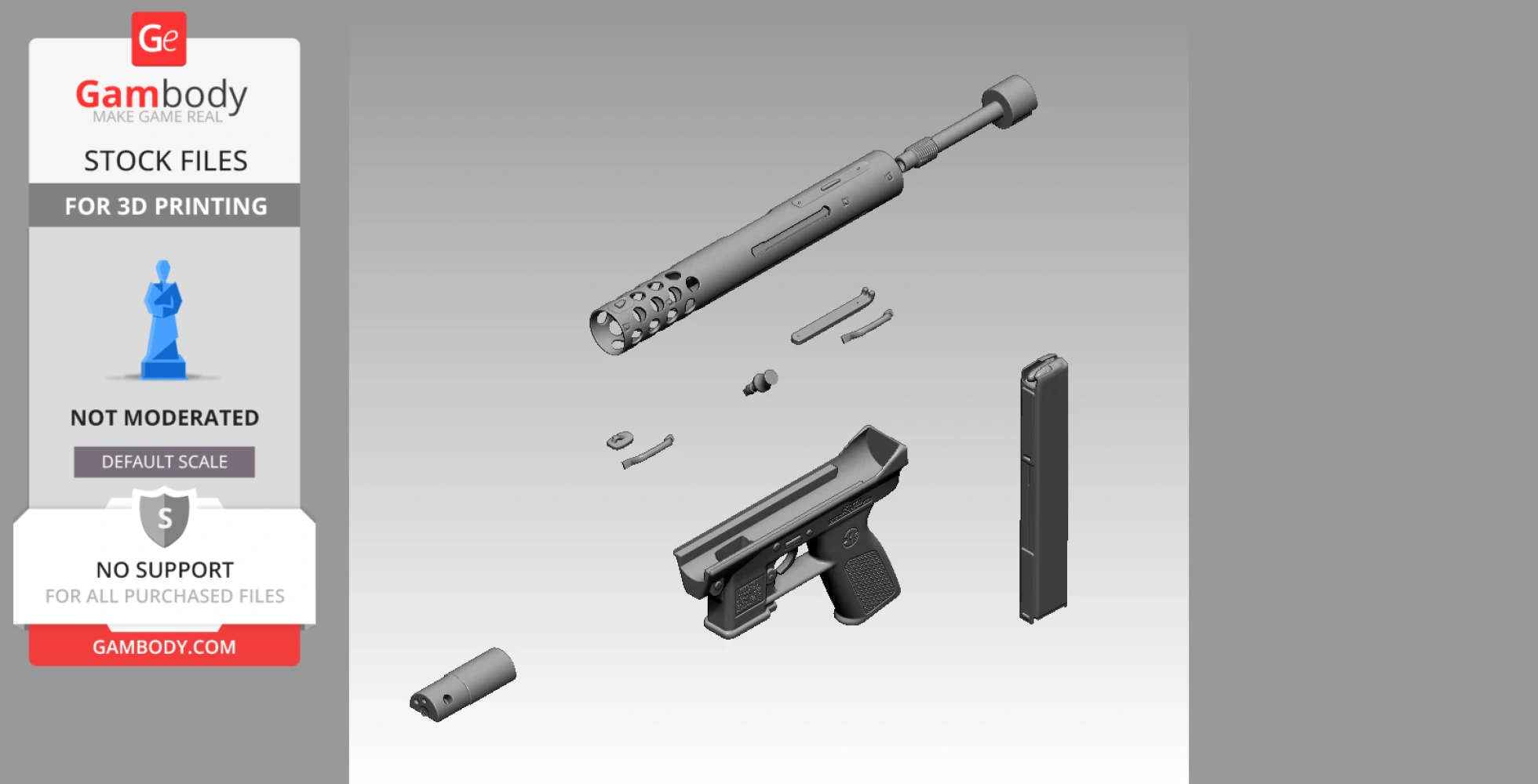 Exploded view of a 3D printable TEC-9 model, showing separate firearm components and assembly.