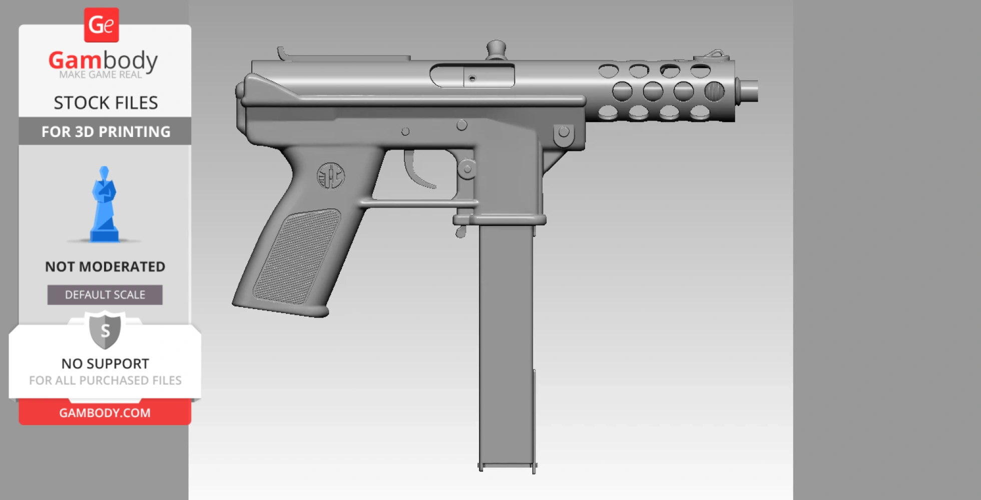 3D model of a 1/6 scale Intratec TEC-9 for 3D printing, displayed in profile view.