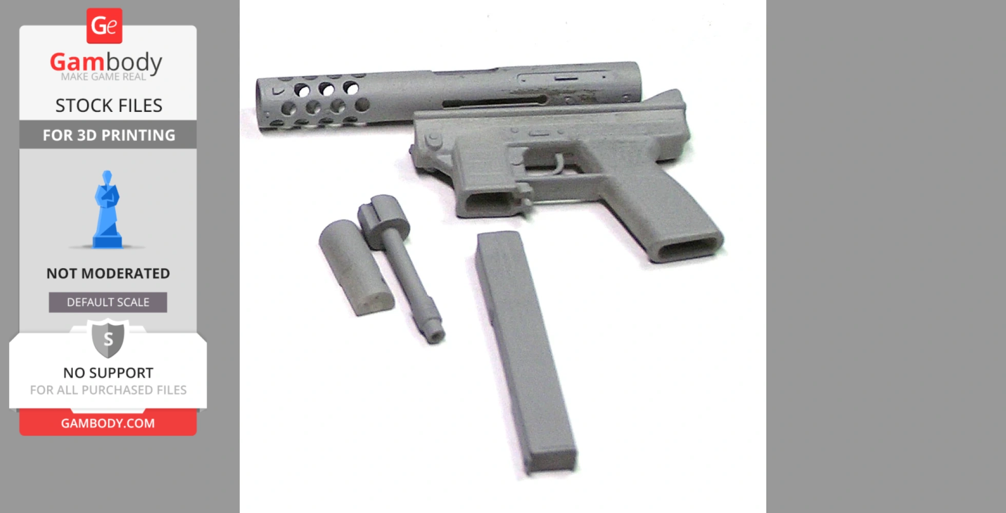 3D printable model of a disassembled Intratec TEC-9, showing gun parts in gray plastic.