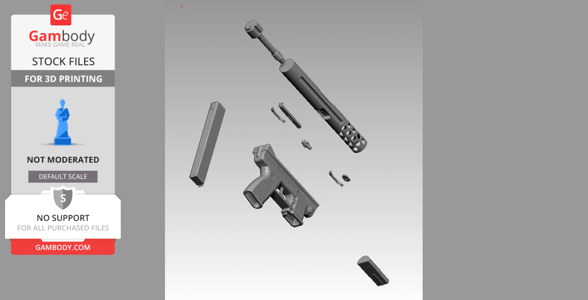 Exploded view of 3D printable Intratec TEC-9 model with separate gun parts.