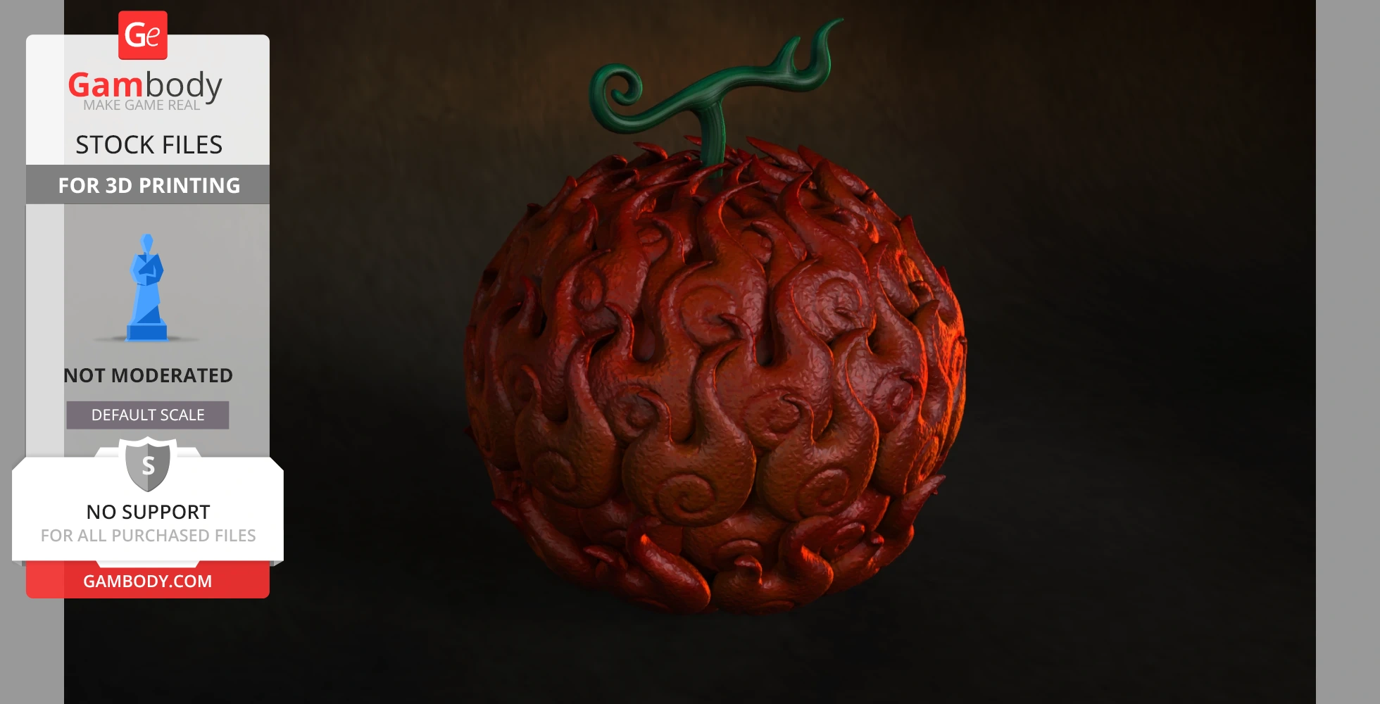 A 3D model of a red, swirling, flame-textured fruit with a green twisted stem, designed for 3D printing.