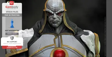 A detailed 3D model of an armored character with a stern expression and original helmet design.