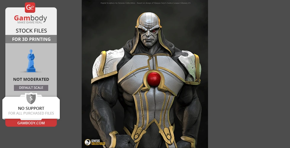 A menacing armored figure with a muscular build, wearing a detailed helmet and a large red emblem on its chest.