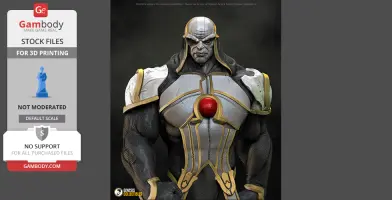 A menacing armored figure with a muscular build, wearing a detailed helmet and a large red emblem on its chest.