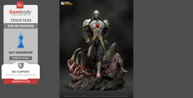 A muscular armored figure with a helmet stands on a rocky base surrounded by defeated creatures.