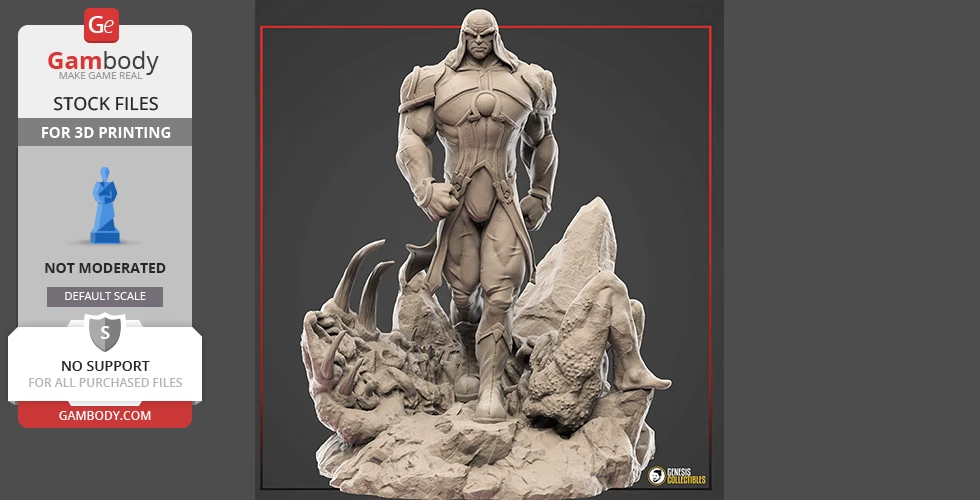 A muscular armored figure stands on rocky terrain with a cape and helmet.