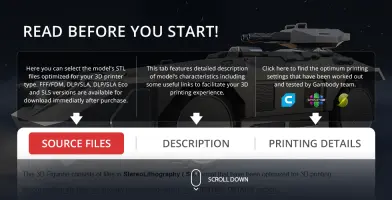 M577 APC 3D model with options for source files, description, and printing details on interface.