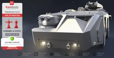 A 3D model of a futuristic armoured personnel carrier with mounted turrets and angular design features.