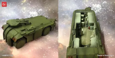 A green 3D-printed sci-fi APC vehicle model, shown from exterior and interior views.