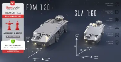 3D printed models of M577 APC in two scales, FDM 1:30 and SLA 1:60, with dimensions shown.