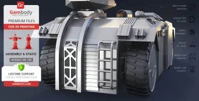 Futuristic armored vehicle model with tracked wheels, ladder, and turret for 3D printing.