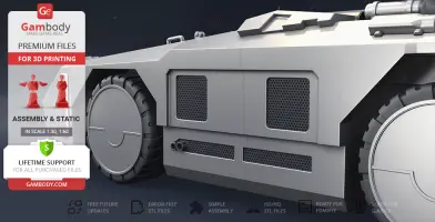 Futuristic armored vehicle design for 3D printing, featuring detailed wheels and panels.
