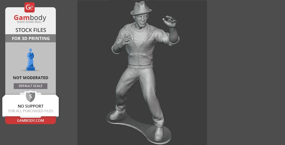 A 3D printable figurine of a man wearing a hat and pose-ready for action on a base.
