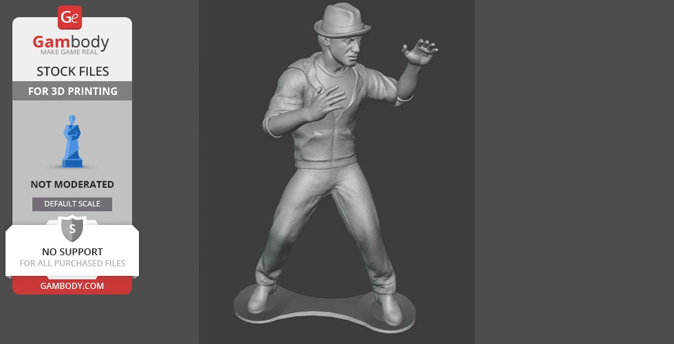 A figurine of an older man in a fighting stance, wearing a hat and jacket, designed for 3D printing.