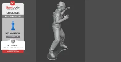 A 3D model of a man in casual attire and hat, posing with raised hands, ready for 3D printing.