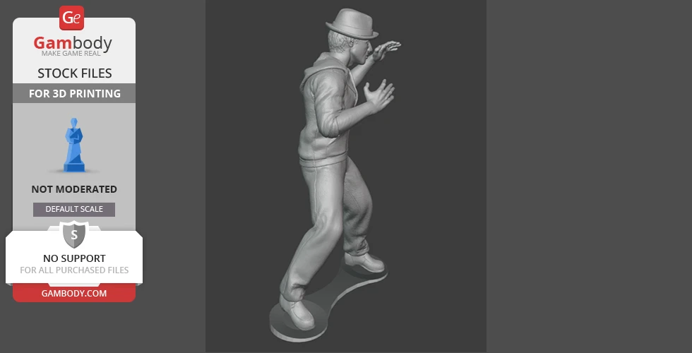 A 3D model of a man in casual attire and hat, posing with raised hands, ready for 3D printing.