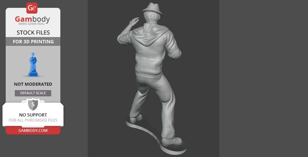 A figure in a hat and hoodie in a dynamic pose, turned away, on a base for 3D printing.