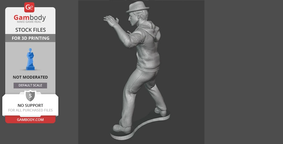 A 3D printable figurine of a person in a hoodie and hat, posed dynamically on a stand.