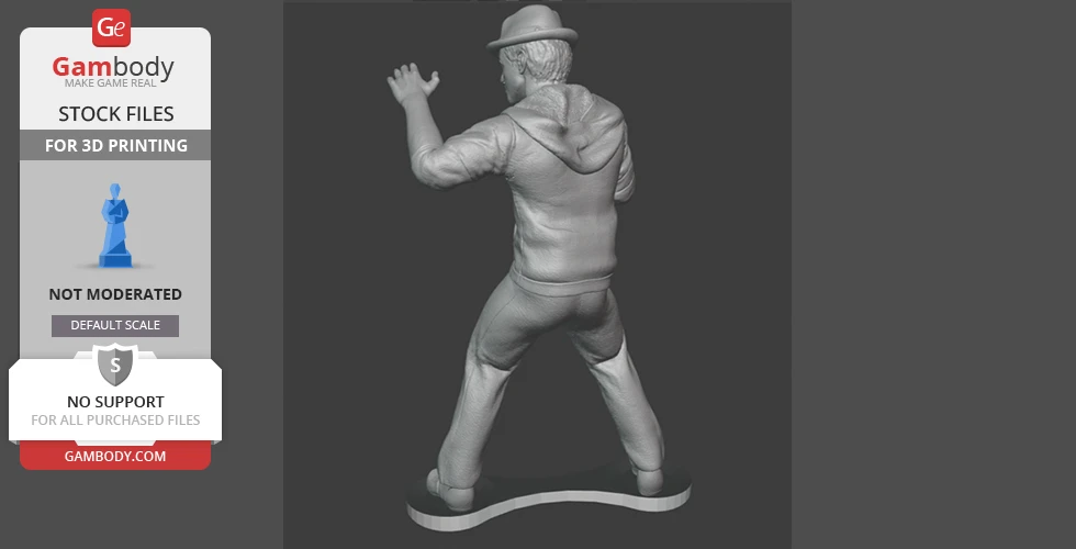 A 3D printable figurine of a man in a boxing stance, wearing a hat and hoodie, on a display base.