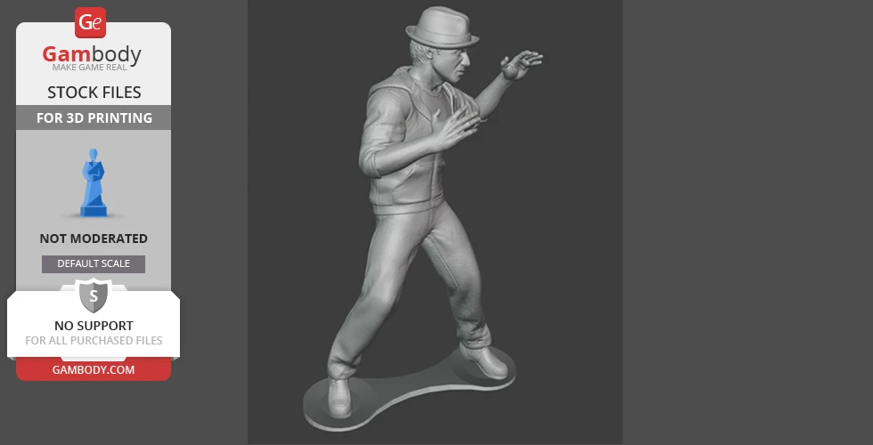 A 3D printable model of a man in a dynamic pose wearing a hat and casual clothes.