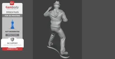 A figure in a hat and hoodie in a dynamic pose, turned away, on a base for 3D printing.