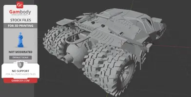 3D model of the Batmobile Tumbler, showcasing its rugged exterior and large tires, on a grid background.
