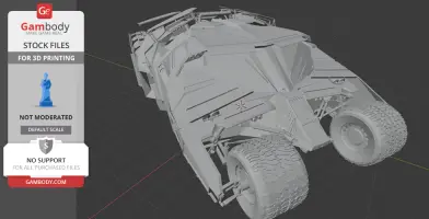 3D model of the Batmobile Tumbler, featuring angular armored design, shown from the rear.