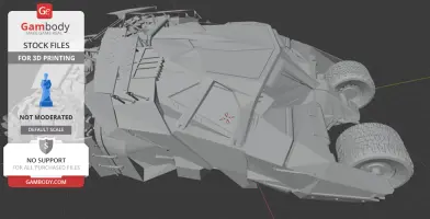 3D model of the Batmobile Tumbler for printing, featuring angular design and large textured tires.