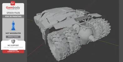 3D model of the Batmobile Tumbler for 3D printing, showing intricate tire and body details.