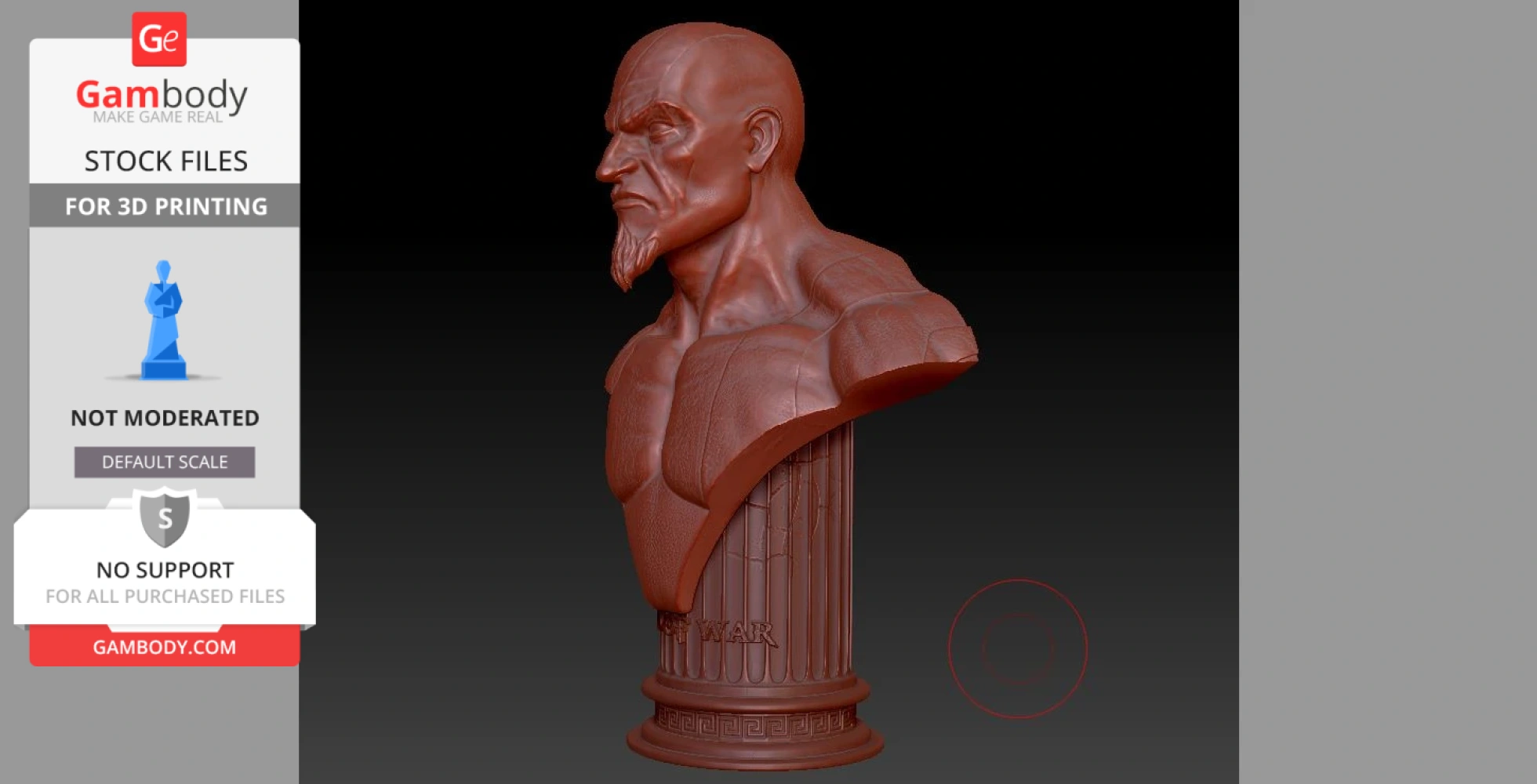 A detailed 3D bust of a muscular, bald man with a beard on a pedestal, ready for 3D printing.