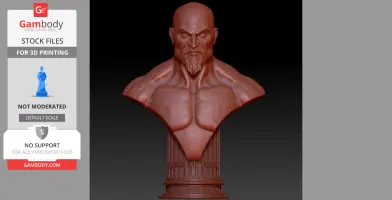 A muscular bust of a bald, bearded character with intense expression on a pedestal labeled 'God of War'.