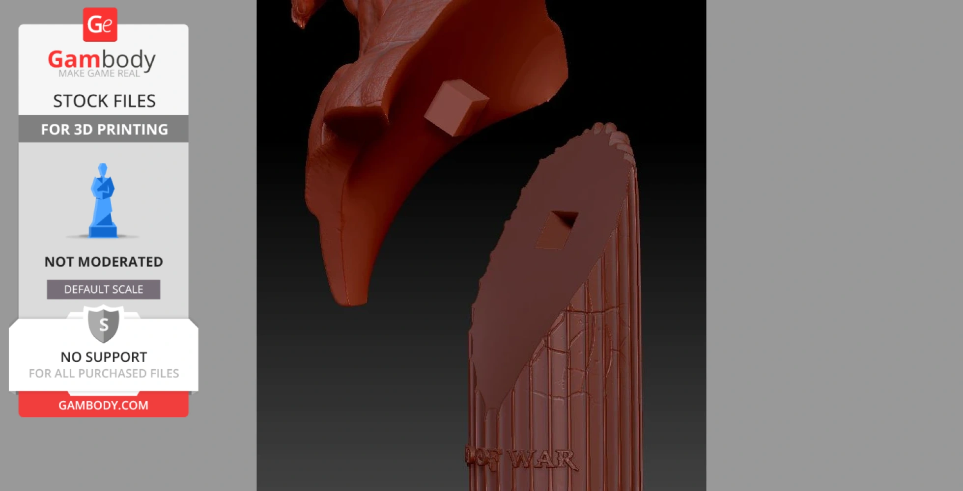 A rendered 3D model of Kratos' bust in two parts for 3D printing, displayed on Gambody stock files.