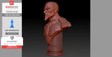 A detailed 3D bust of a muscular, bald man with a beard on a pedestal, ready for 3D printing.