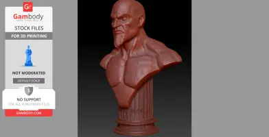 A muscular bust of a bald, bearded warrior on a decorative pillar, intended for 3D printing.