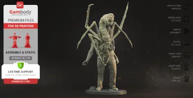 A grotesque, multi-limbed creature with human and monstrous features, standing on a circular base.