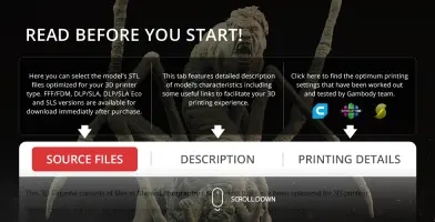 A monstrous creature with extended limbs, detailed for 3D printing, displayed behind instructional text.