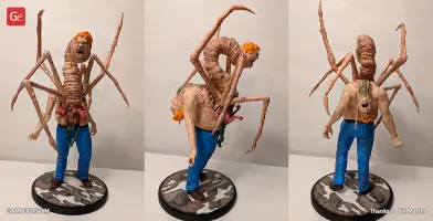Grotesque creature with spider legs and human torso, screaming face, standing on a base.