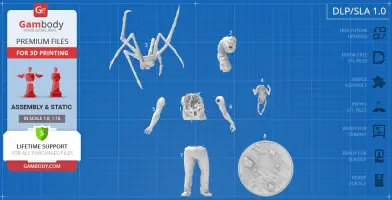 Spider-like creature, torso with arms, severed head, and legs in separate parts for 3D printing.